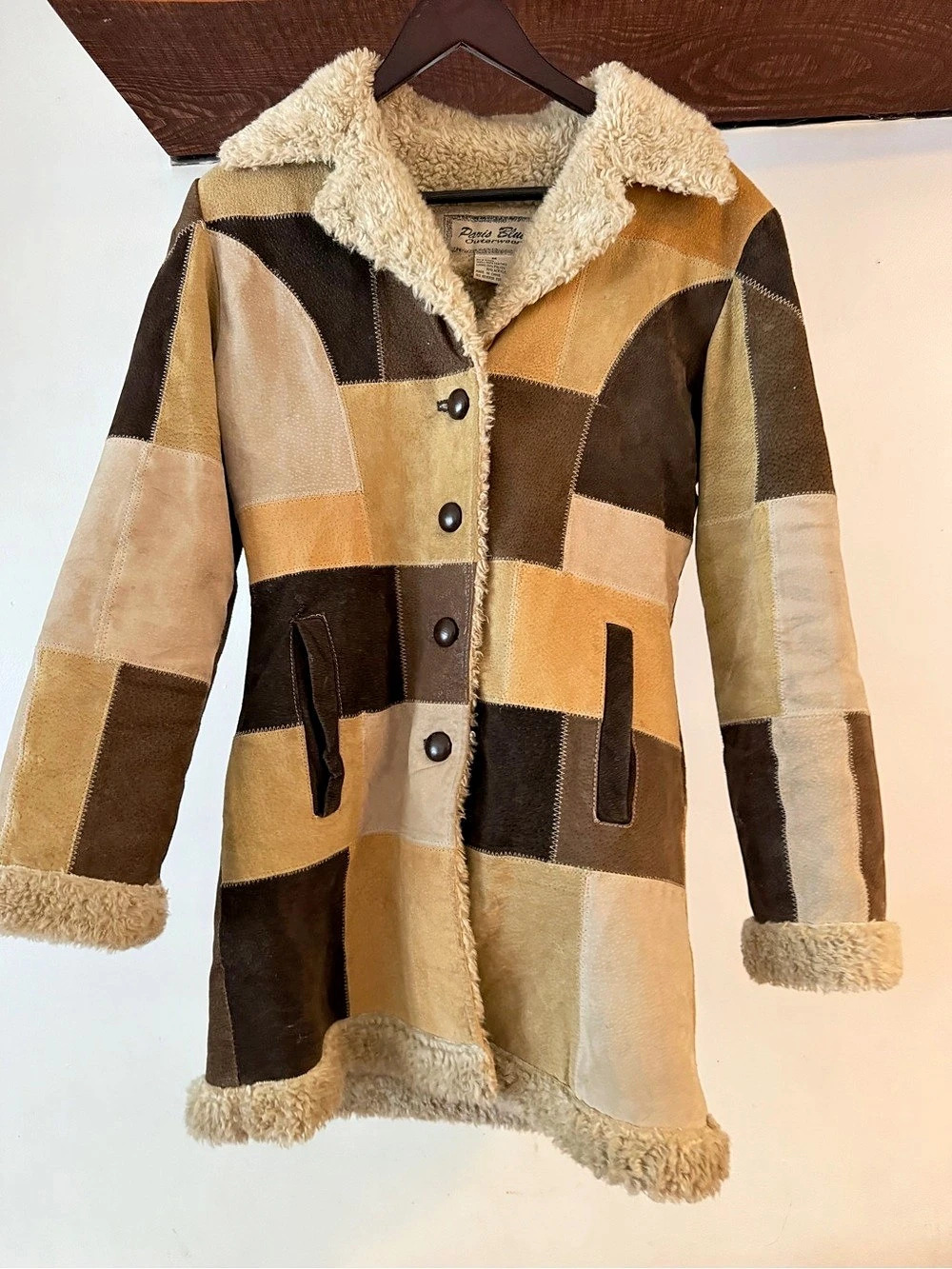 Vintage Paris Blues  Outerwear Color Block Leather Shearling Coat Size Medium